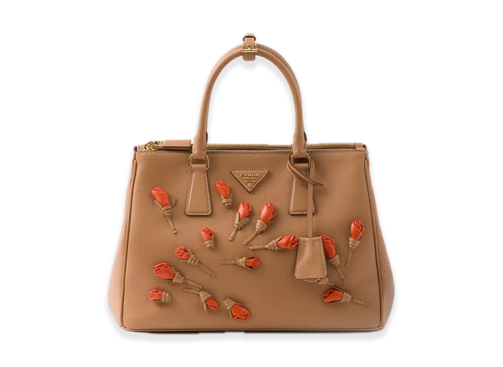 PRADA Galleria Large Soft Grain Leather Bag with Floral Applique "Natural/Orange"