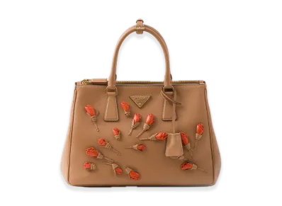 PRADA Galleria Large Soft Grain Leather Bag with Floral Applique "Natural/Orange"