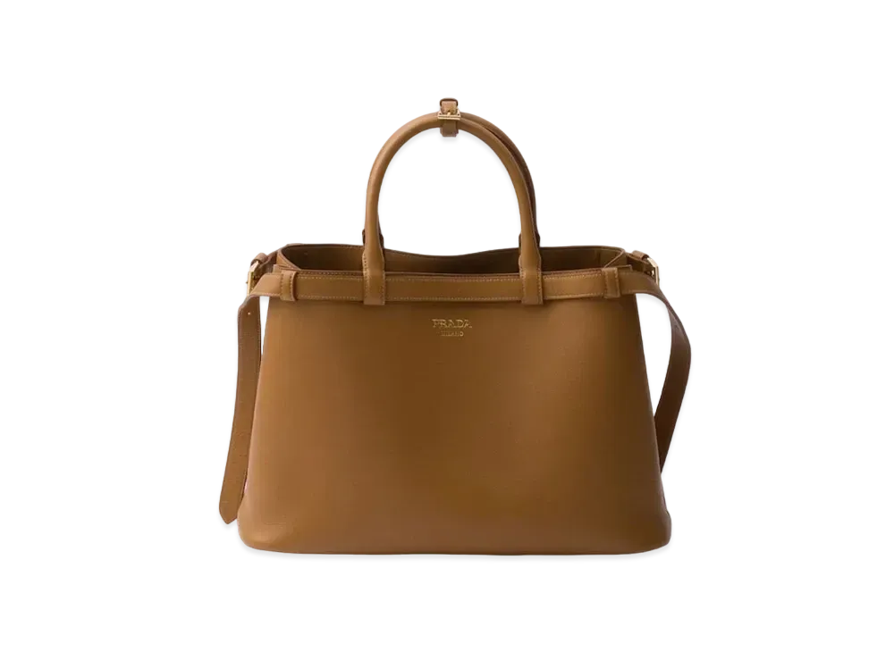 PRADA Buckle Medium Leather Handbag with Double Belt "Caramel"