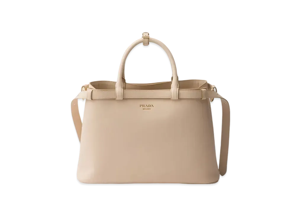 PRADA Buckle Medium Leather Handbag with Double Belt "Beige"
