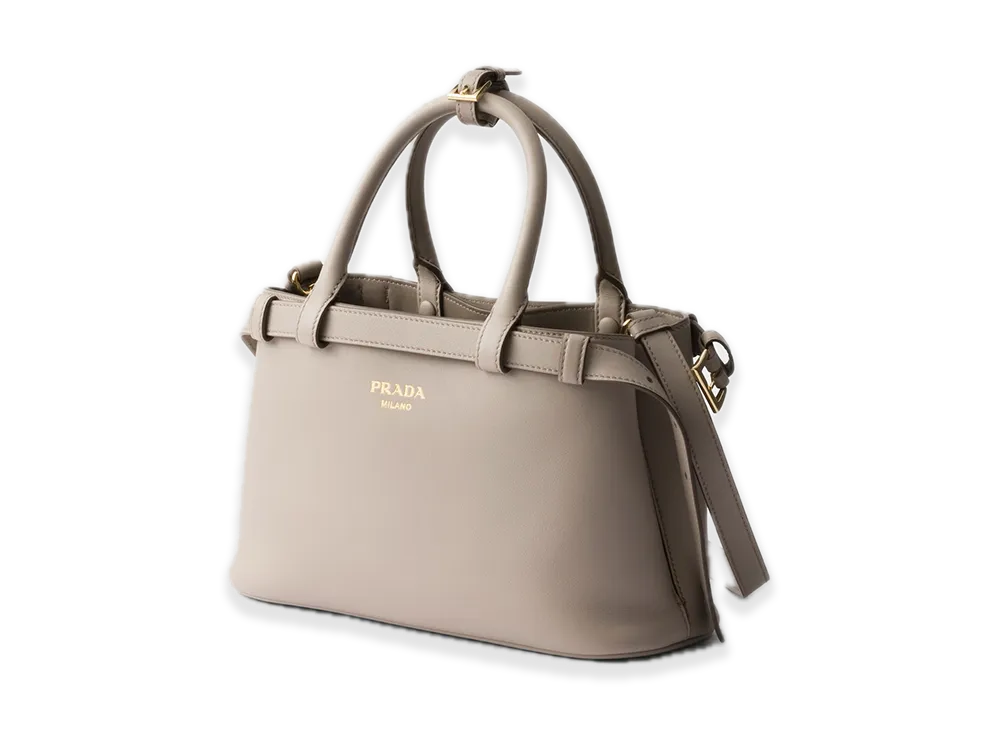 PRADA Buckle Small Soft Grain Leather Handbag with Double Belt "Light Gray"
