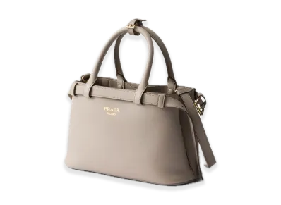PRADA Buckle Small Soft Grain Leather Handbag with Double Belt "Light Gray"