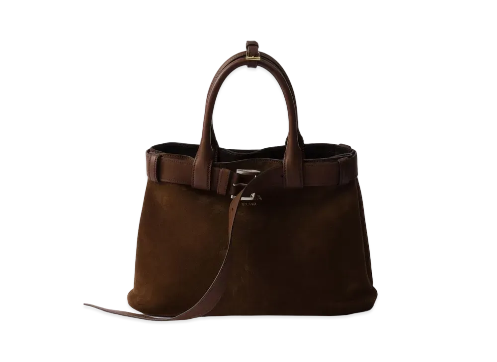 PRADA Medium Buckle Suede Bag with Belt "Dark Brown"