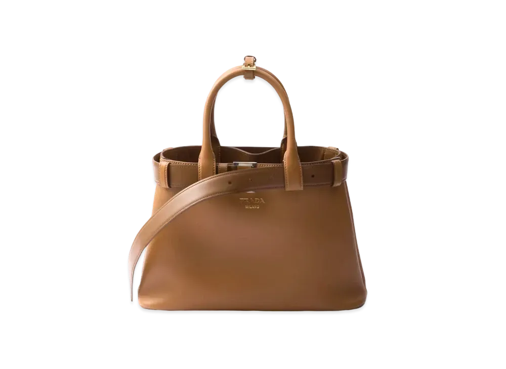 PRADA Buckle Medium Leather Handbag With Belt "Caramel"