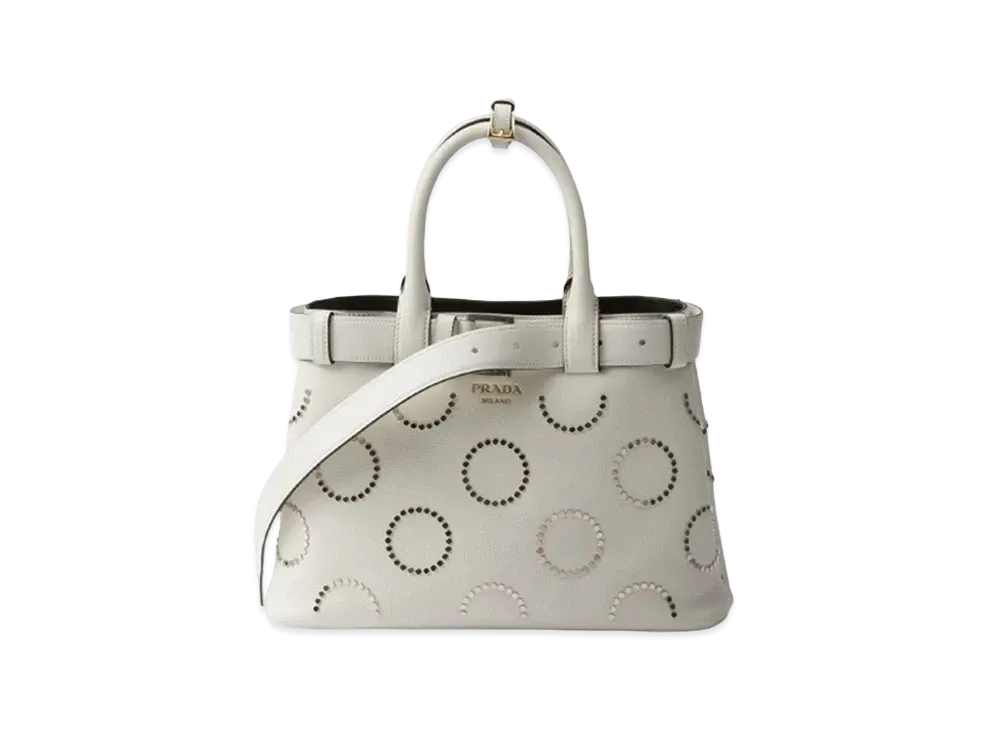 PRADA Buckle Medium Leather Bag with Appliques "Black/White"