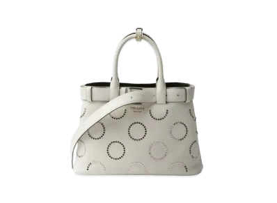 PRADA Buckle Medium Leather Bag with Appliques "Black/White"