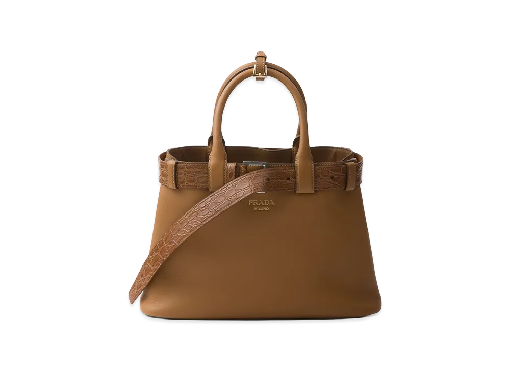 PRADA Buckle Medium Leather x Crocodile Handbag "Caramel"
