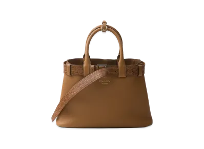 PRADA Buckle Medium Leather x Crocodile Handbag "Caramel"