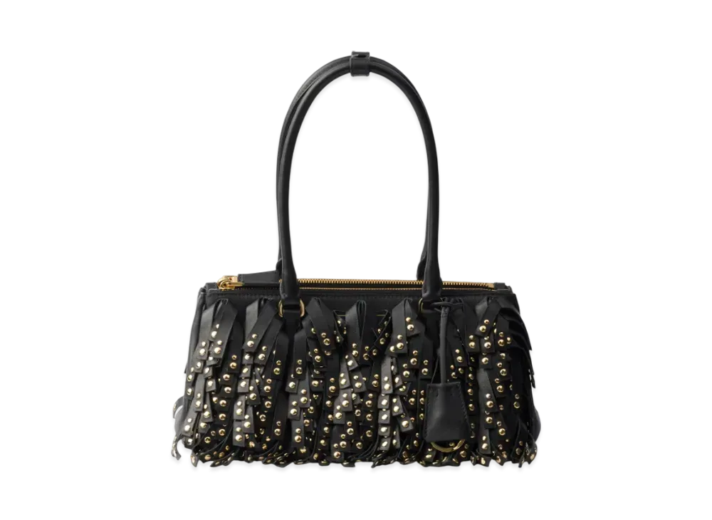 PRADA Galleria Medium Nappa Leather Bag with Fringe and Studs "Black"