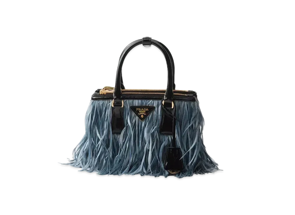 PRADA Galleria Mini-Bag with Feather Trim "Light Blue/Black"