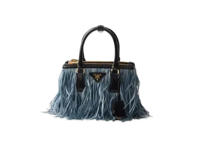 PRADA Galleria Mini-Bag with Feather Trim "Light Blue/Black"