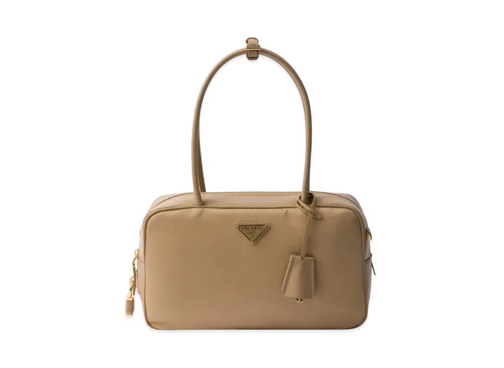PRADA Re-Nylon and Leather Medium Top-Handle Bag with Padlock "Beige"