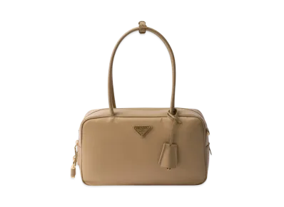 PRADA Re-Nylon and Leather Medium Top-Handle Bag with Padlock "Beige"