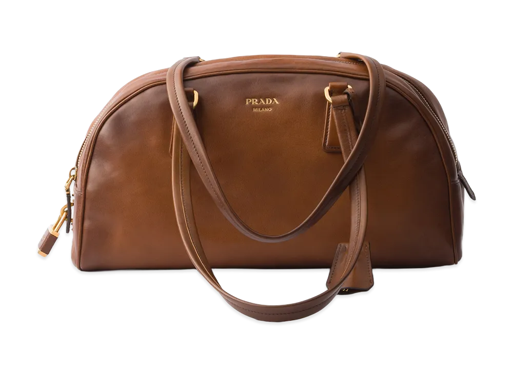 PRADA Bowling Medium Top Handle Leather Bag "Cognac Brown"