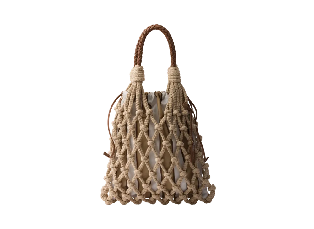 PRADA Noue Medium Cotton Macrame Bag "Beige/Camel Beige"