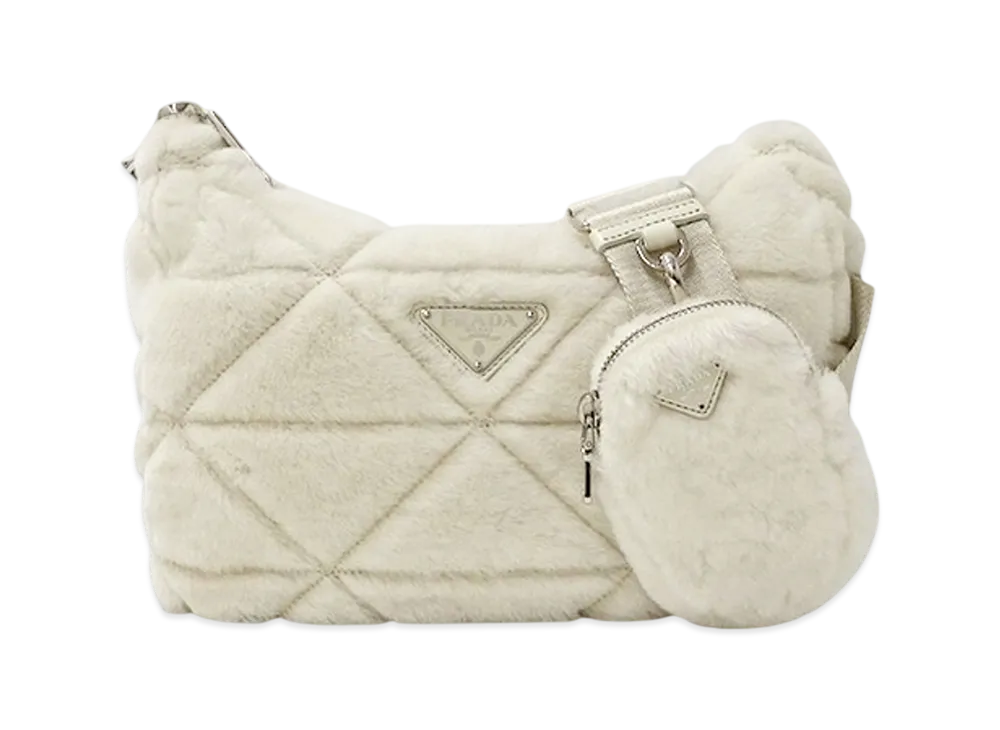 Prada Quilted Shearling Padded Shoulder Bag "White"