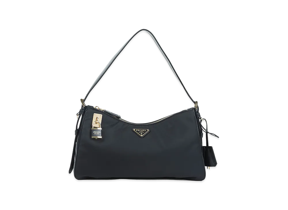 PRADA Women's Aimee Large Re-Nylon And Leather Shoulder Bag With Padlock "Black"