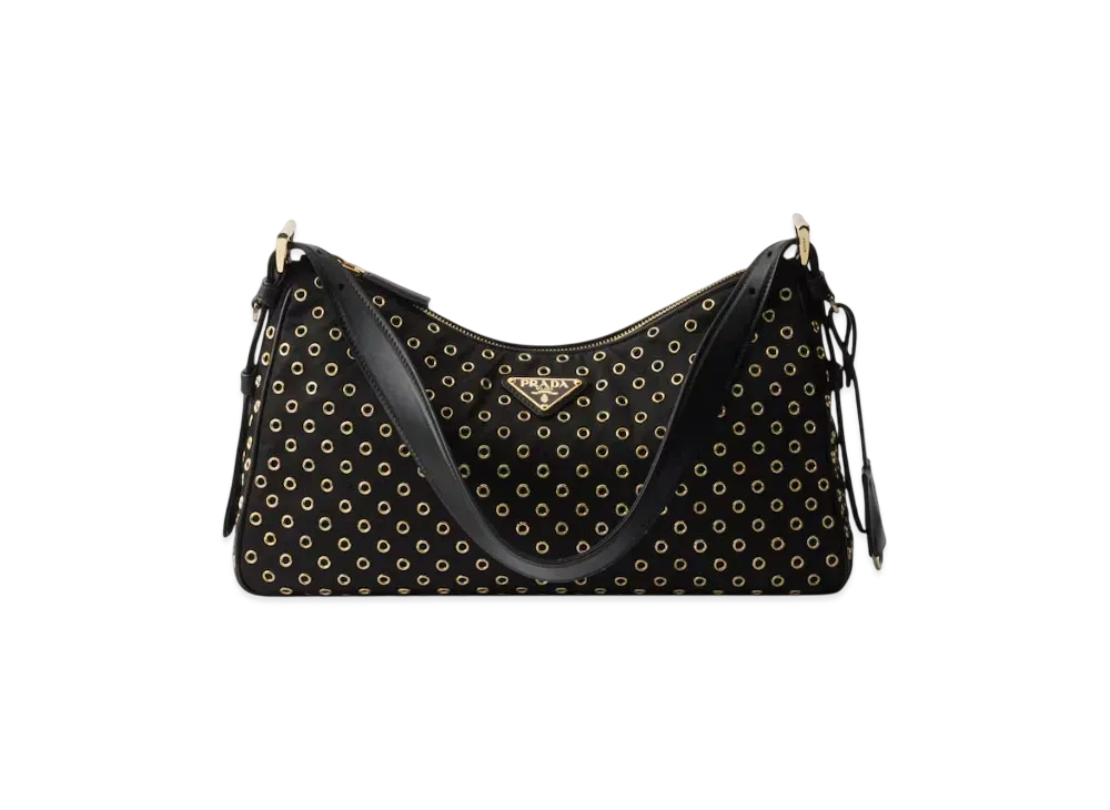 PRADA Aimee Large Re-Nylon Shoulder Bag with Grommet Detail "Black"