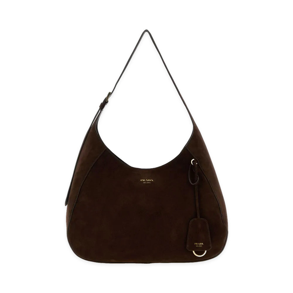 PRADA Women's Suede Large Boogie Shoulder Bag "Dark Brown"