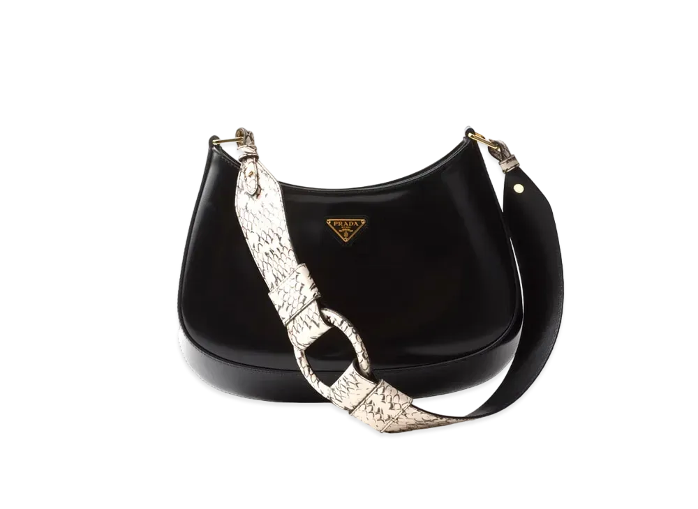 PRADA Cleo Ayers and Brushed Leather Shoulder Bag "Black/Beige"