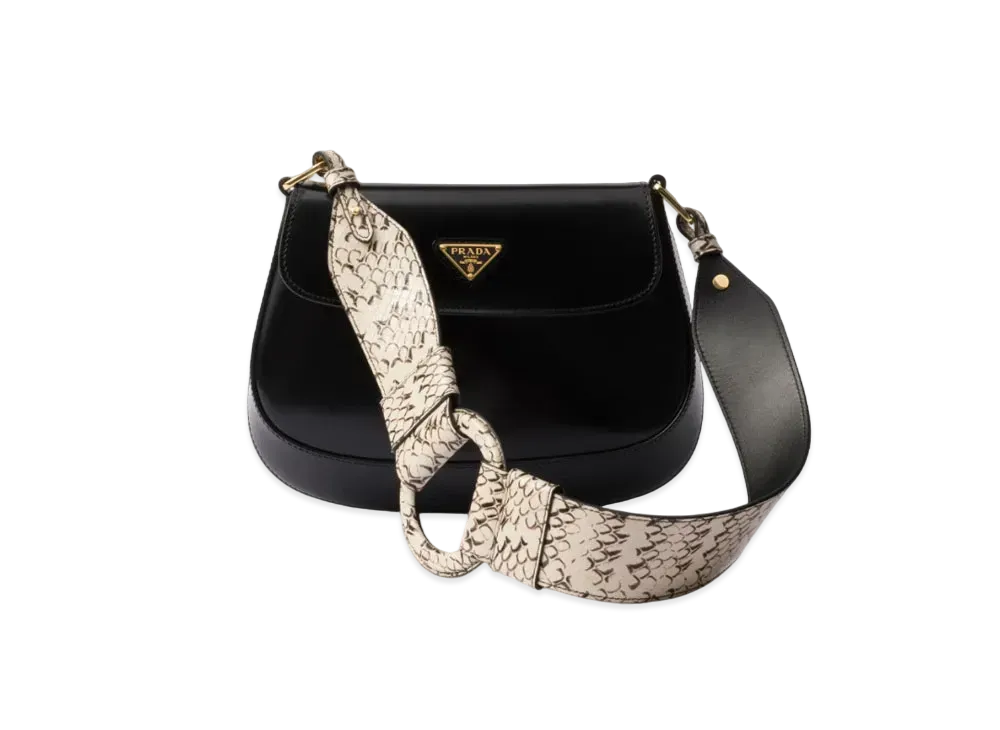 PRADA Cleo Ayers and Brushed Leather Flap Bag "Black/Beige"