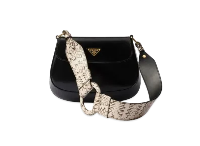 PRADA Cleo Ayers and Brushed Leather Flap Bag "Black/Beige"