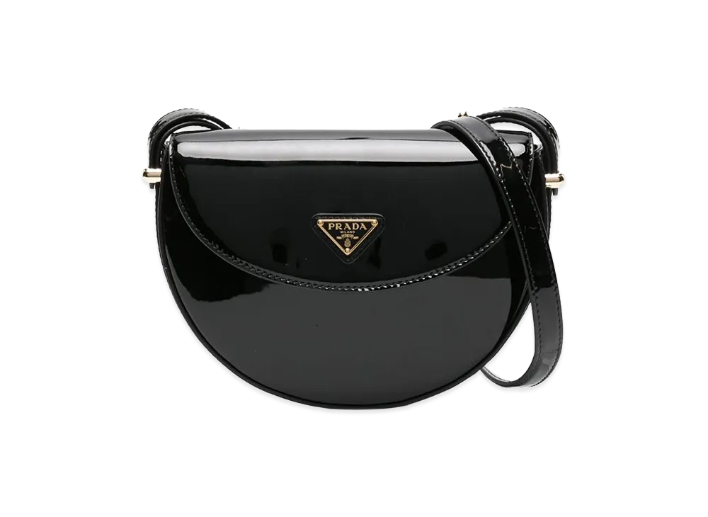 PRADA Wonen's Triangle-Logo Patent Leather Shoulder Bag "Black"