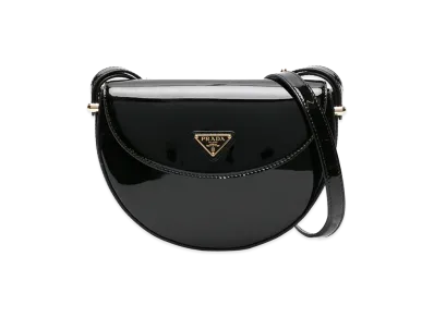 PRADA Wonen's Triangle-Logo Patent Leather Shoulder Bag "Black"