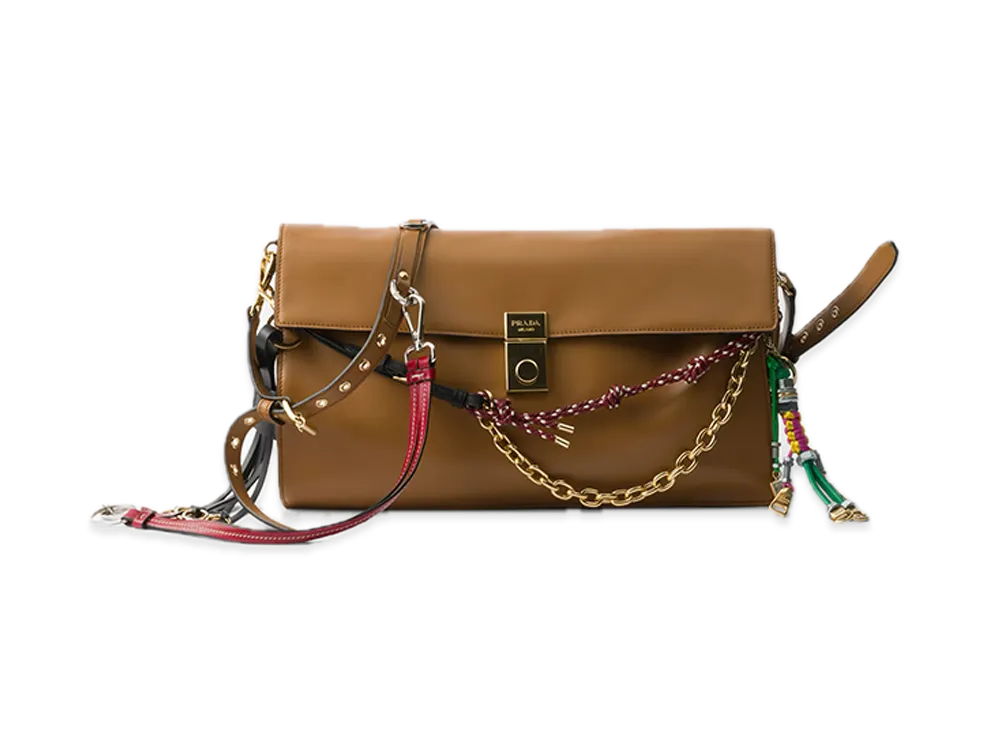 PRADA Soft Sound Large Leather Shoulder Bag with Charm "Camel"