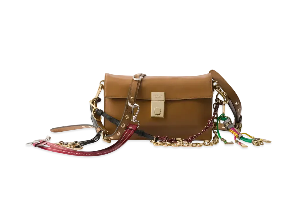 PRADA Soft Sound Small Leather Shoulder Bag with Charms "Camel"