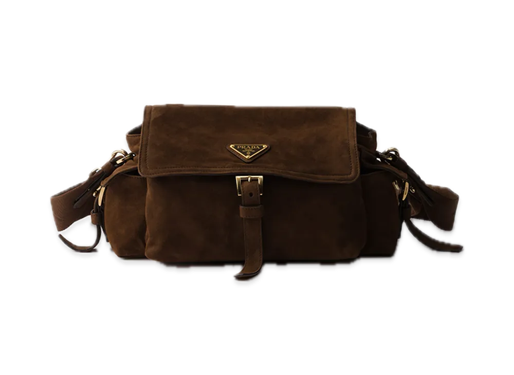 PRADA Explorer Medium Suede Shoulder Bag "Dark Brown"