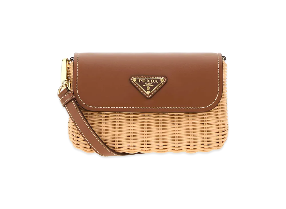 PRADA Women's Two-Tone Wicker And Leather Crossbody Bag "Beige"