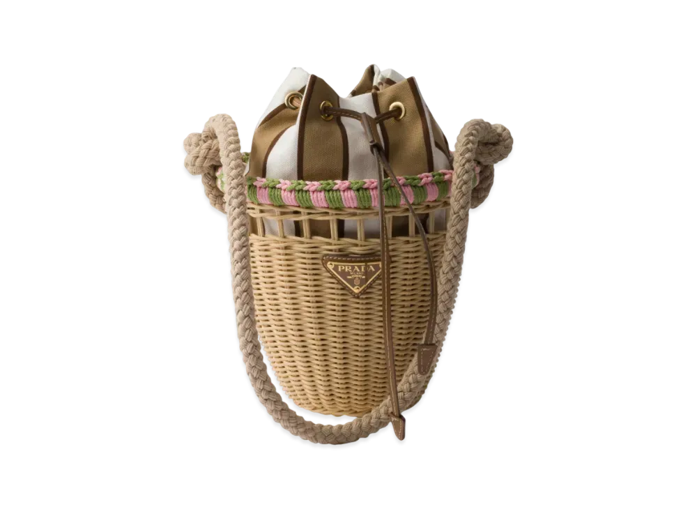 PRADA Wicker Mini Bucket Bag "Beige/Pink"