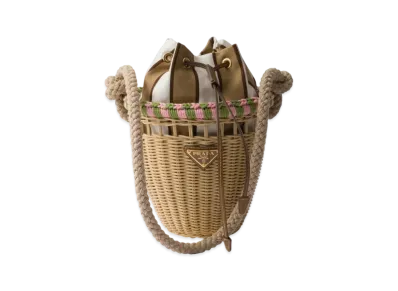 PRADA Wicker Mini Bucket Bag "Beige/Pink"