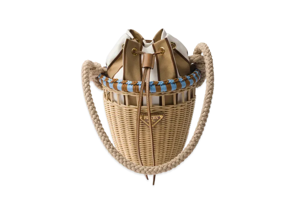 PRADA Wicker Mini Bucket Bag "Beige/Blue"