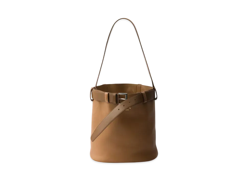 PRADA Buckle Leather Bucket Bag with Belt "Camel"