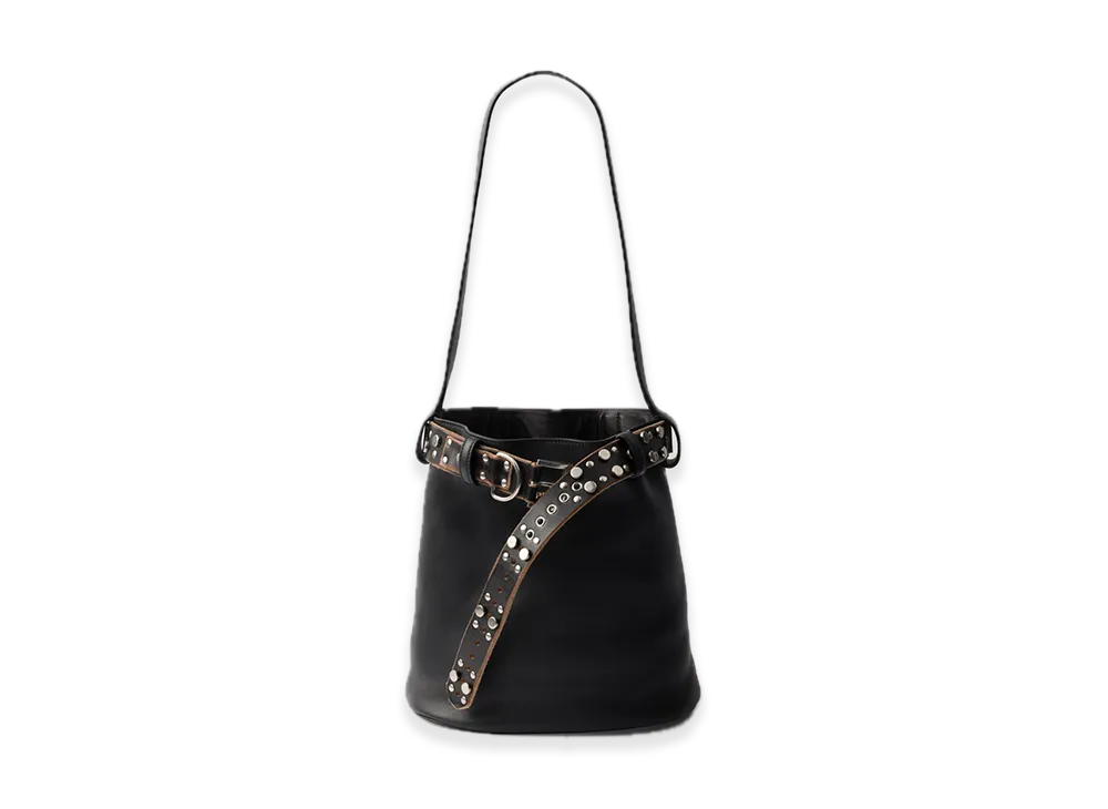 PRADA Buckle Leather Bucket Bag with Studded Belt "Black"