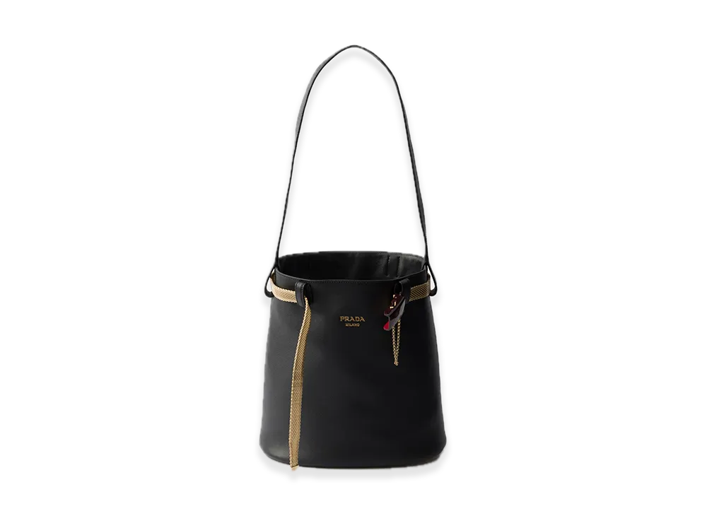 PRADA Buckle Leather Bucket Bag with Decorative Belt "Black"