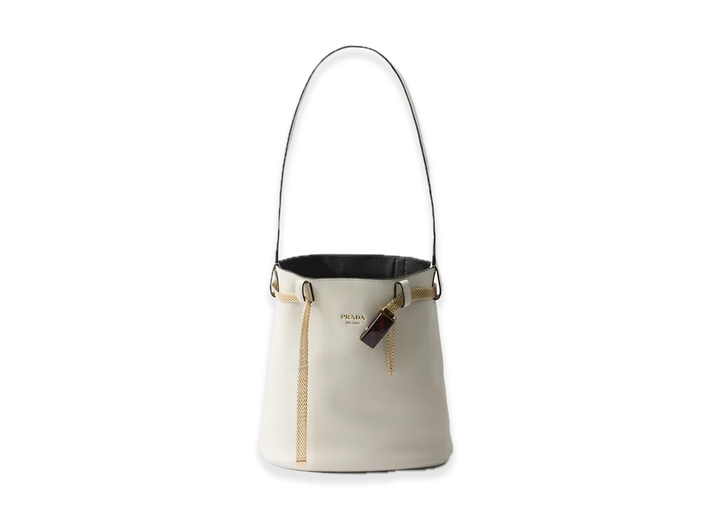 PRADA Buckle Leather Bucket Bag with Decorative Belt "White/Black"