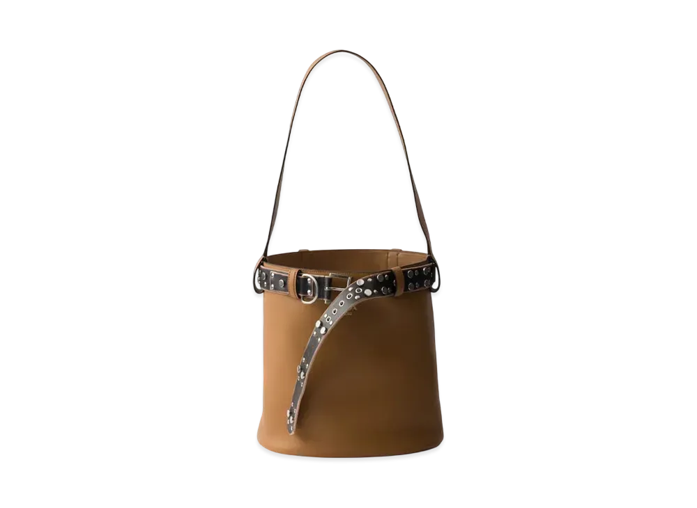 PRADA Buckle Leather Bucket Bag with Studded Belt "Camel/Black"