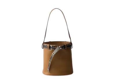 PRADA Buckle Leather Bucket Bag with Studded Belt "Camel/Black"