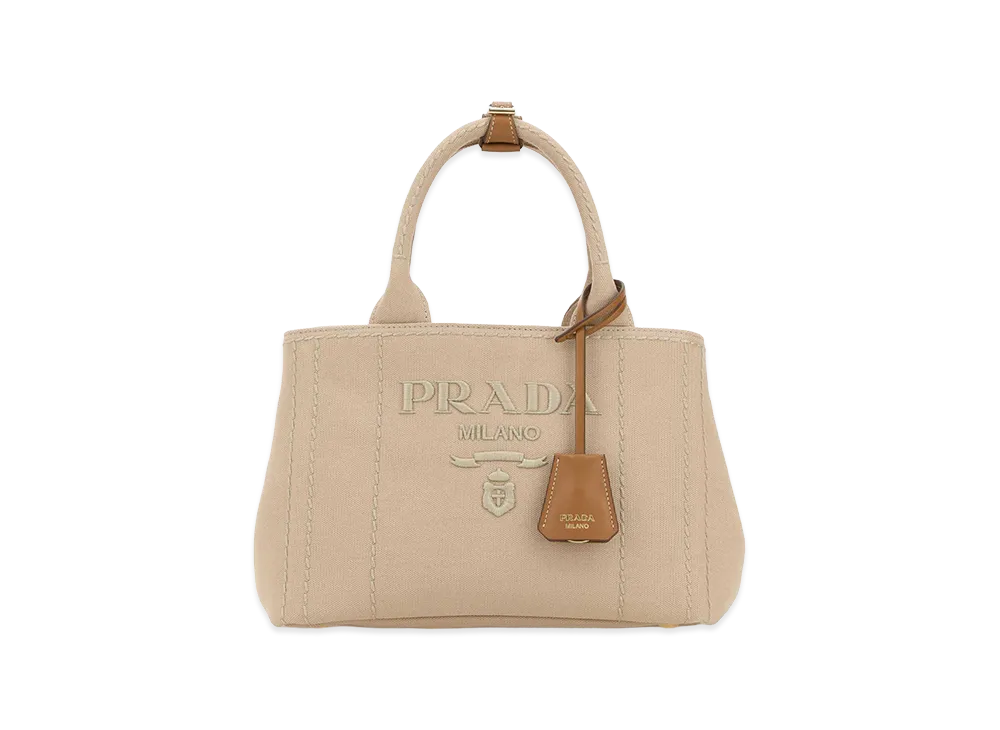 PRADA Wonen's Canvas Small Jardinière Handbag "Beige/Tan"