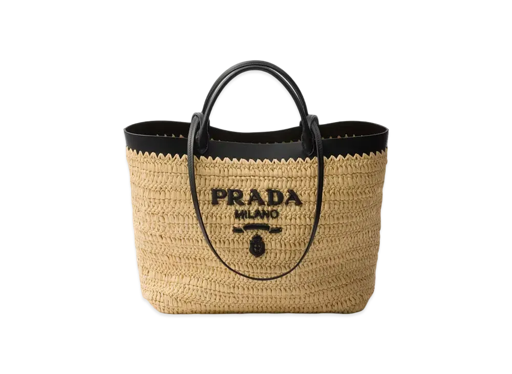PRADA Medium Crochet and Leather Tote Bag "Beige/Black"