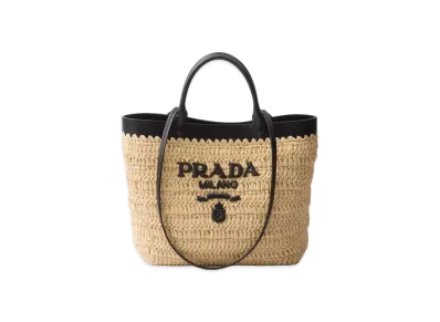PRADA Small Crochet and Leather Tote Bag "Beige/Black"