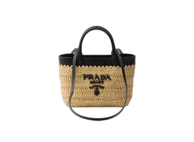PRADA Small Crochet and Leather Tote Bag "Beige/Black"