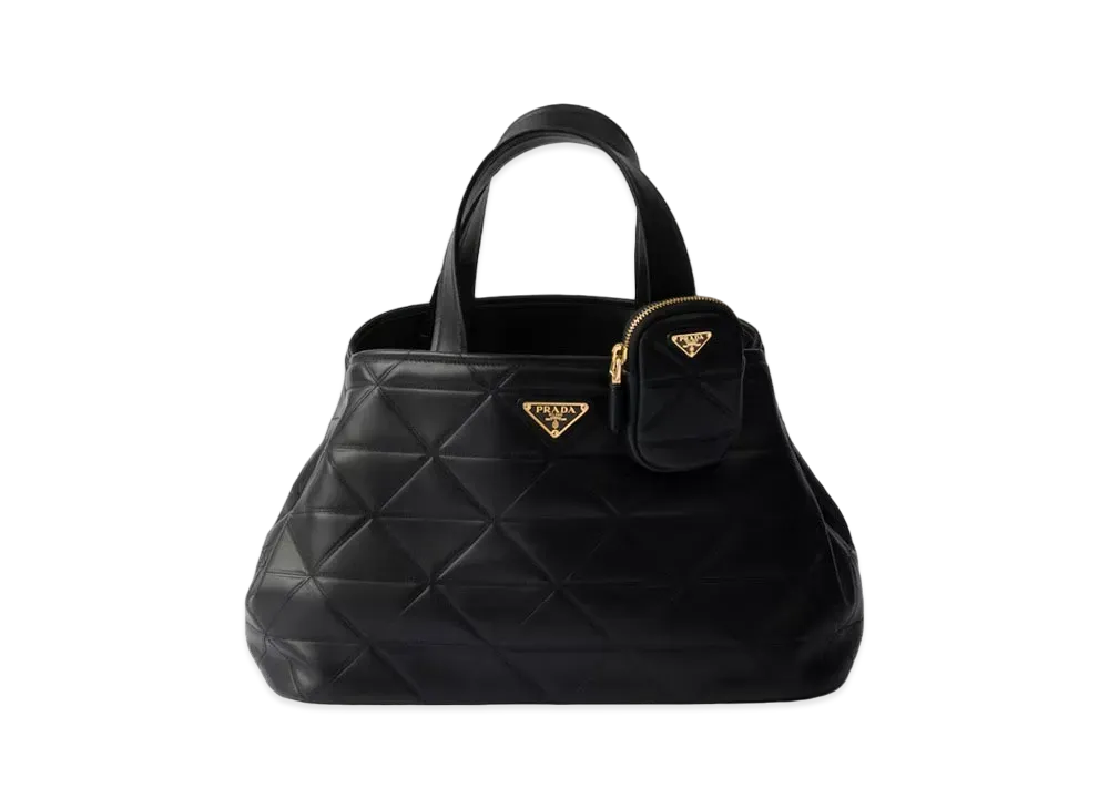 PRADA Medium Leather Tote Bag with Stitching "Black"