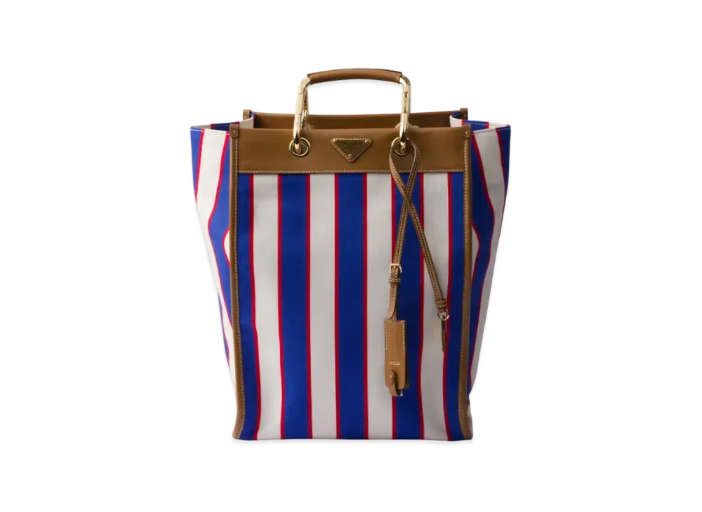PRADA Large Printed Canvas and Leather Tote Bag "Blue/Camel"