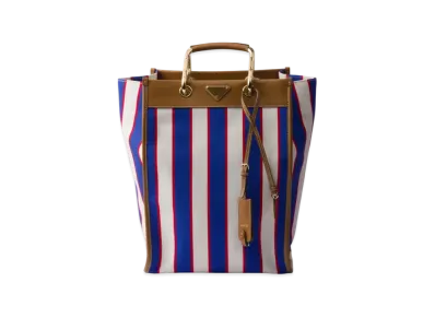 PRADA Large Printed Canvas and Leather Tote Bag "Blue/Camel"
