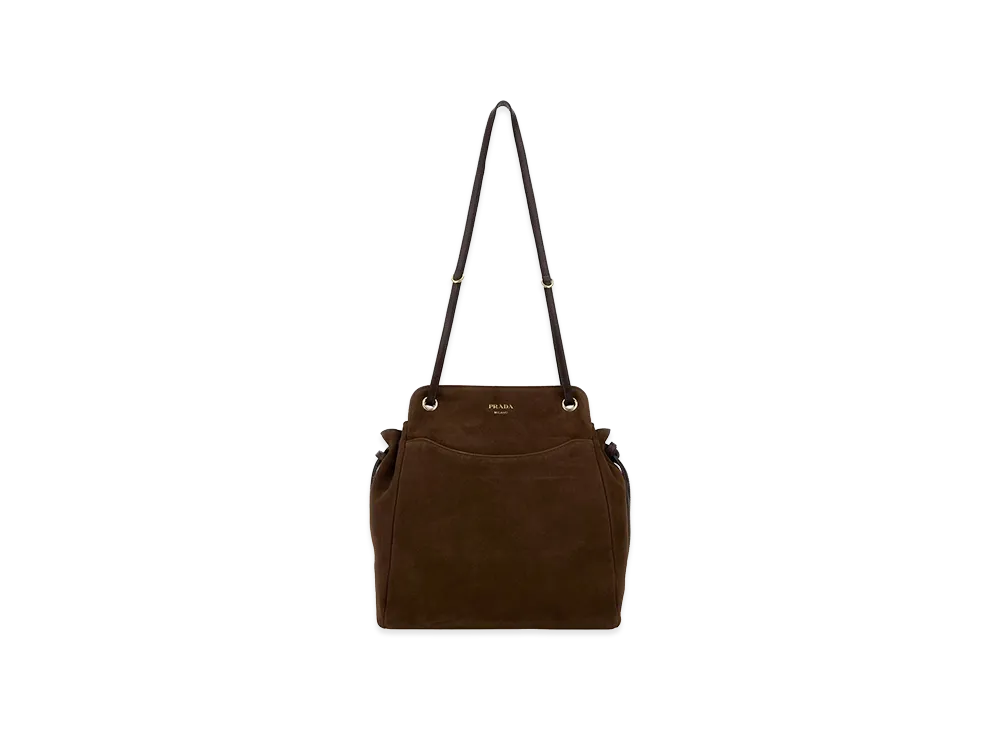 PRADA Women's Brow Suede Medium Carry Bucket Bag "Brown"
