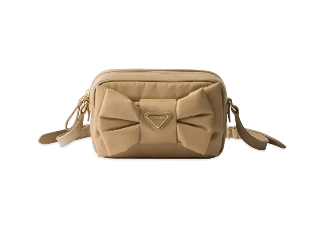 PRADA Re-Nylon and Nappa Leather Mini Shoulder Bag with Bow "Beige"
